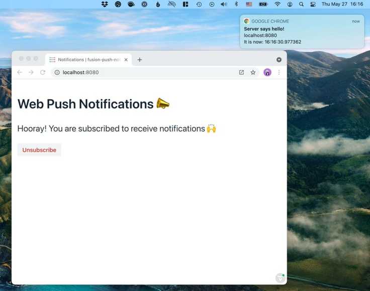 A notification message above an open browser window.